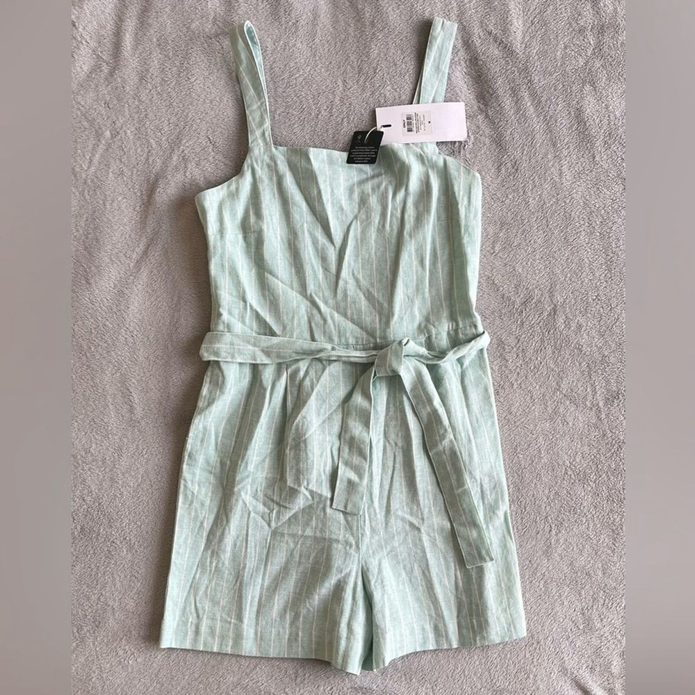 Only Linen Blend Romper with Tie Waist Stripe - Mint Green M